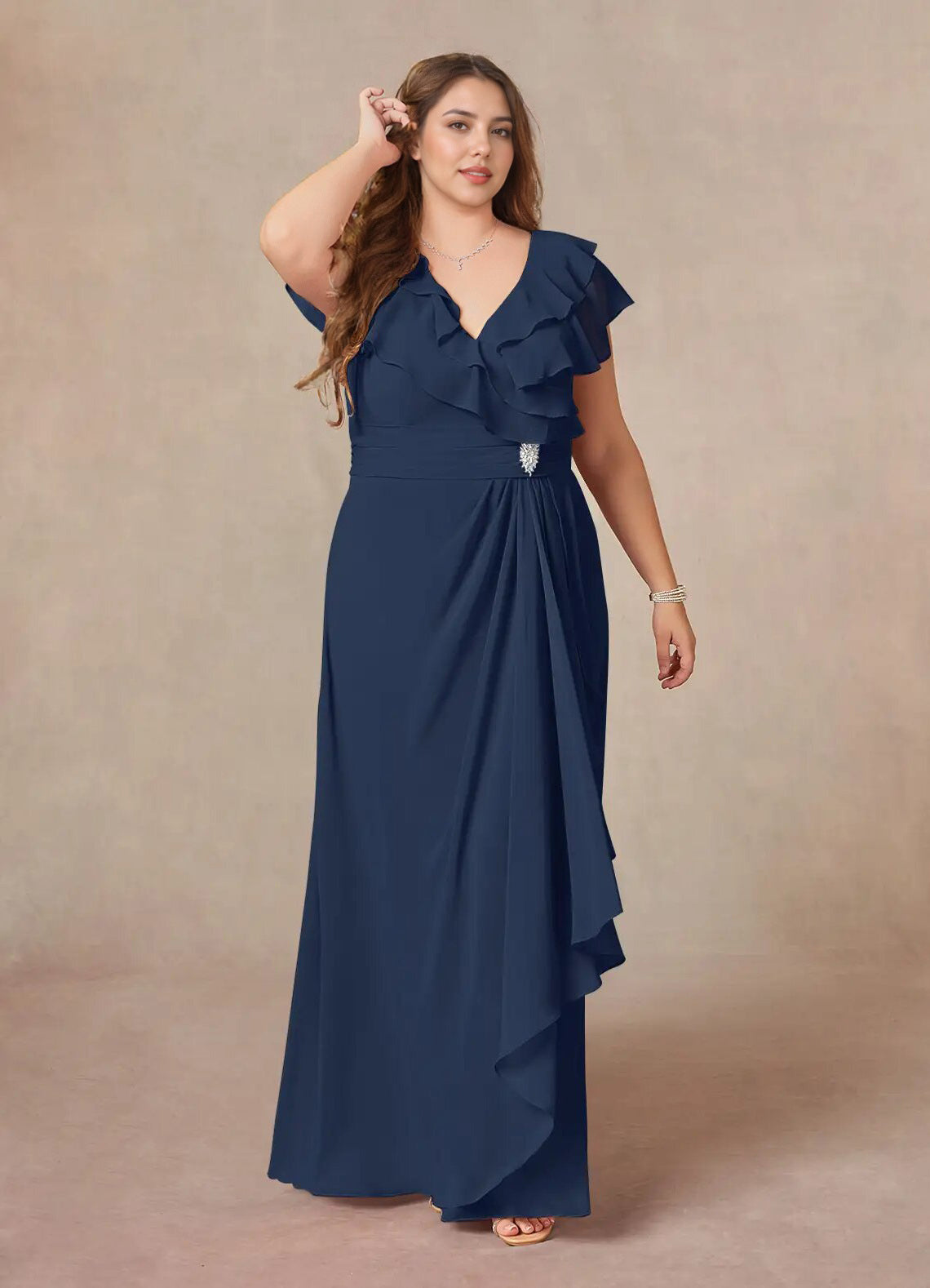 Augday A-Line V-Neck Ruched Chiffon Dress Plus Size