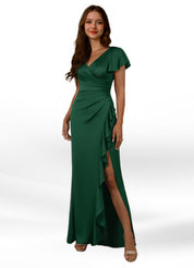 Augday Roya Mermaid V-Neck Pleated Stretch Satin Dress
