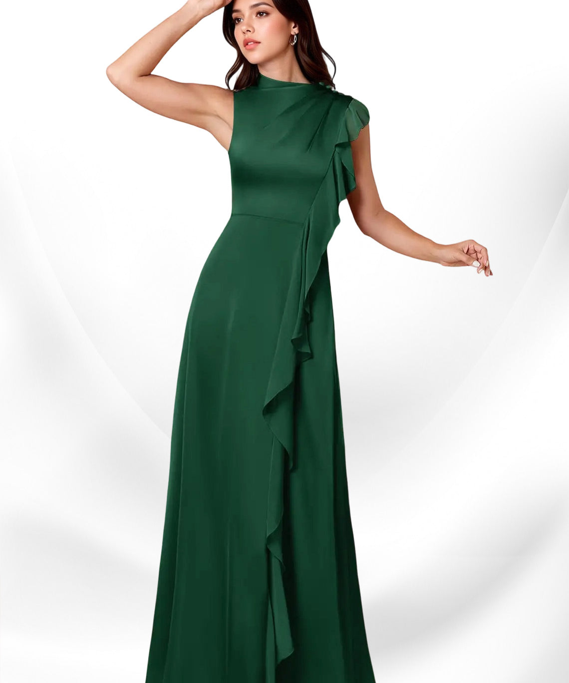Augday Narine A-Line High Neckline Pleated Stretch Satin Dress