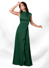 Augday Narine A-Line High Neckline Pleated Stretch Satin Dress