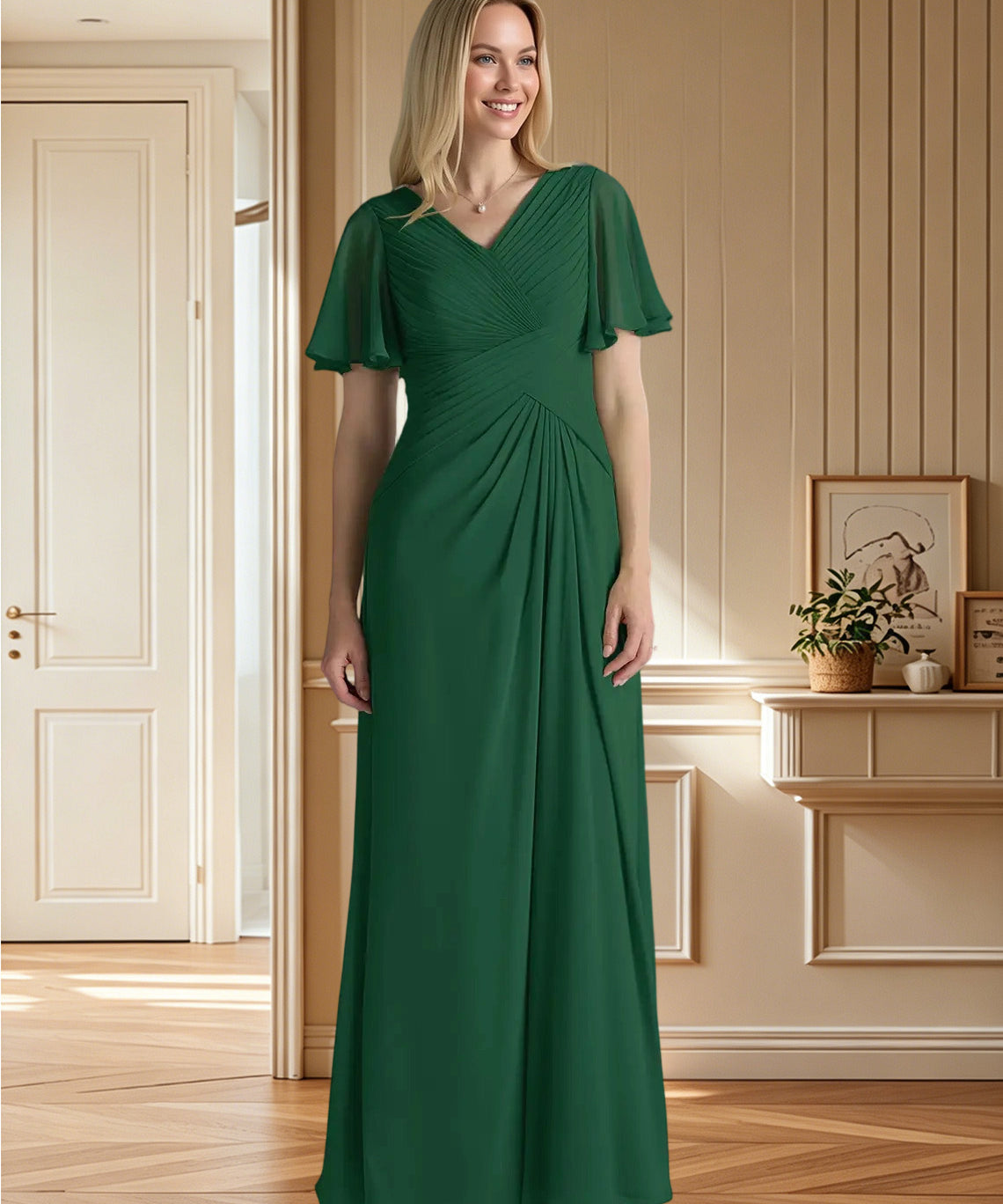 Augday Morning Glory A-Line V-Neck Ruched Chiffon Dress