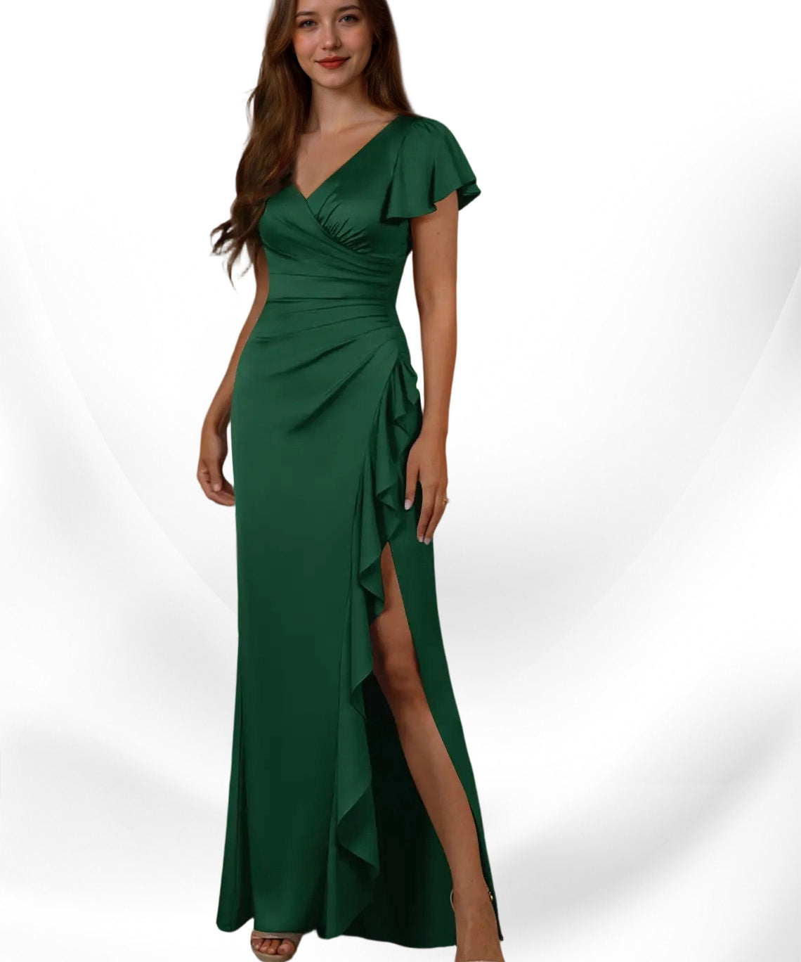 Augday Roya Mermaid V-Neck Pleated Stretch Satin