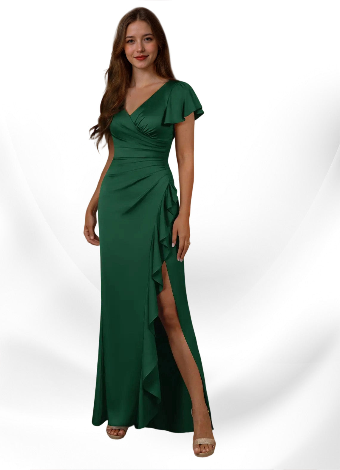 Augday Roya Mermaid V-Neck Pleated Stretch Satin