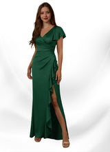 Augday Roya Mermaid V-Neck Pleated Stretch Satin