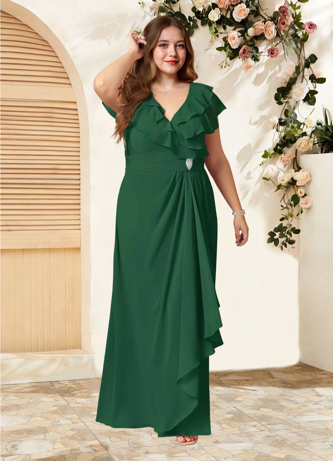 Augday Snapdragon A-Line V-Neck Ruched Chiffon Dress