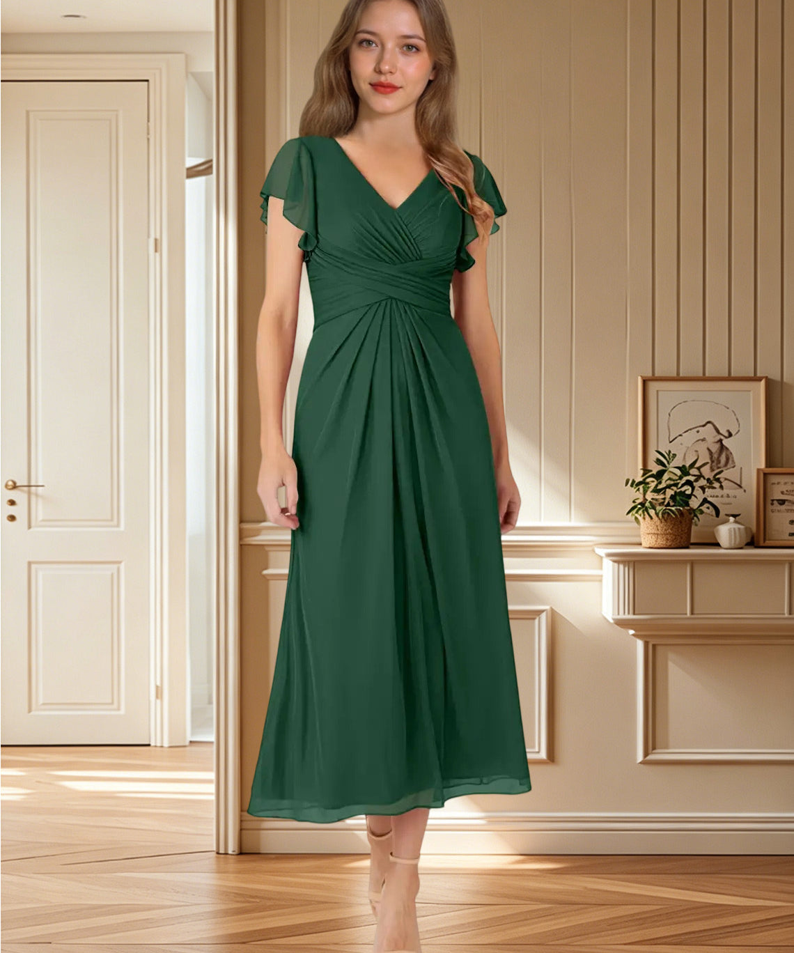 Augday Vera A-Line V-Neck Pleated Mesh Dress