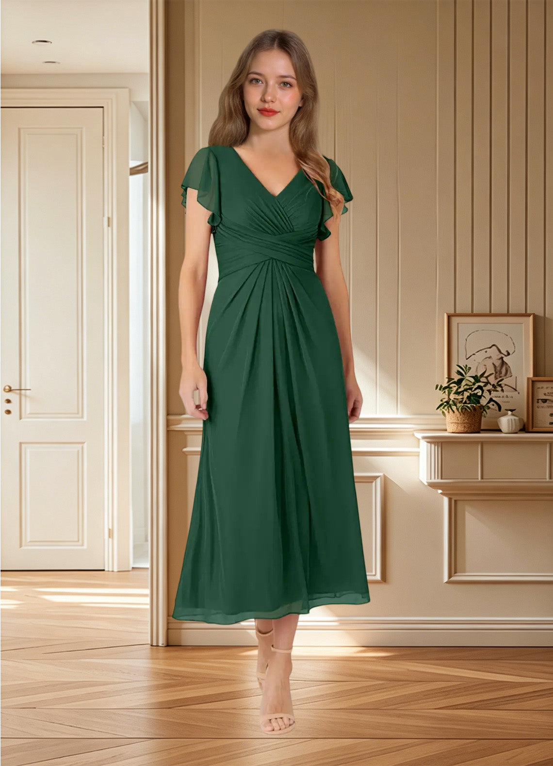 Augday Vera A-Line V-Neck Pleated Mesh Dress