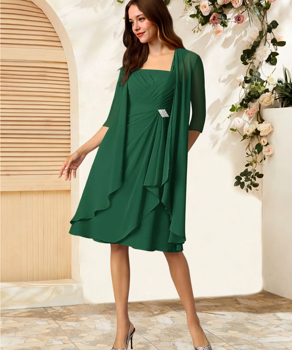 Augday Olivia A-Line Square Neckline Pleated Chiffon Dress