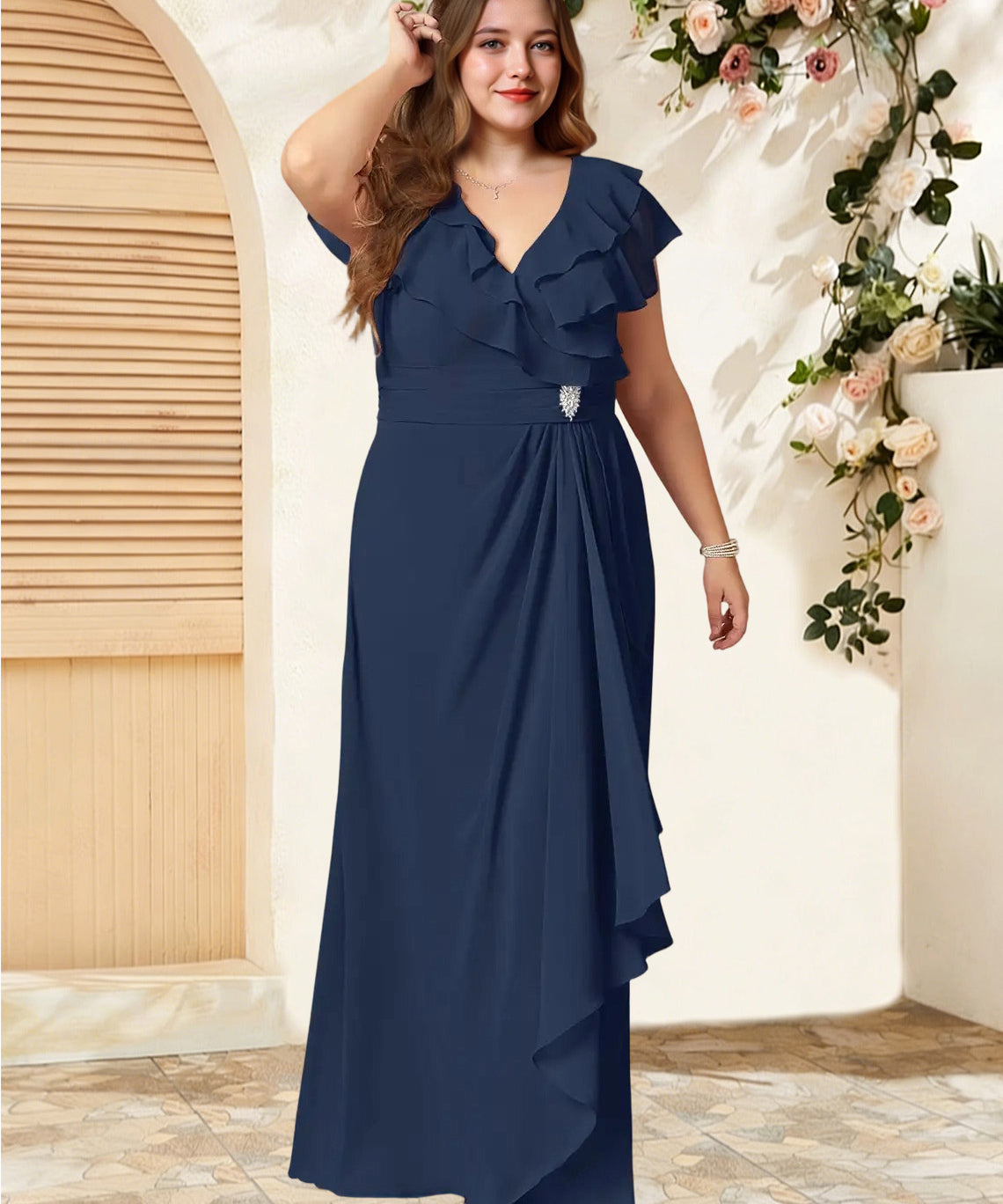 Augday Snapdragon A-Line V-Neck Ruched Chiffon Dress