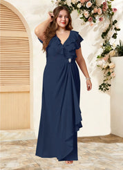 Augday Snapdragon A-Line V-Neck Ruched Chiffon Dress