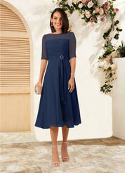 Augday Naomi A-Line Boatneck Pleated Chiffon Dress