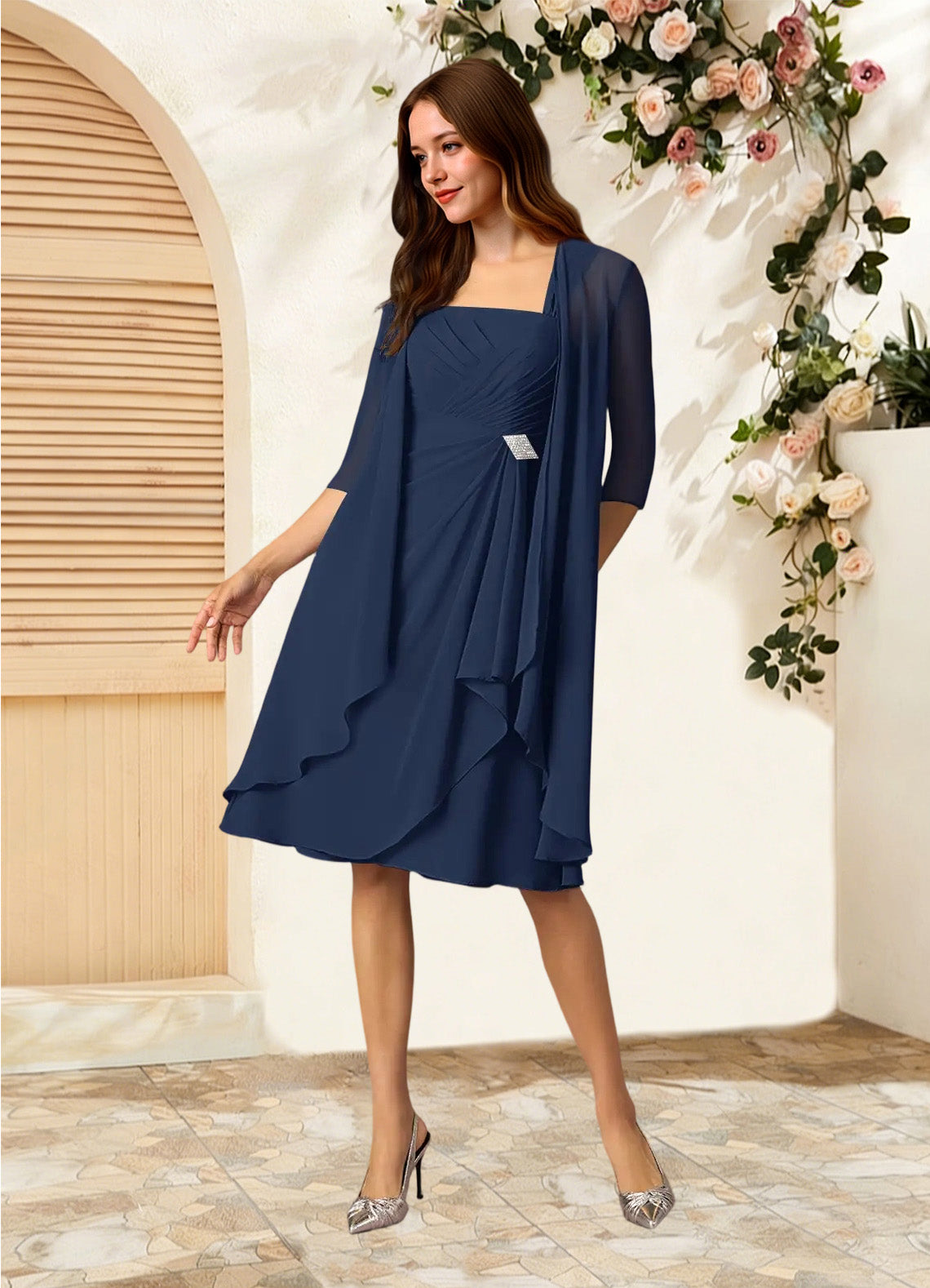 Augday Olivia A-Line Square Neckline Pleated Chiffon Dress