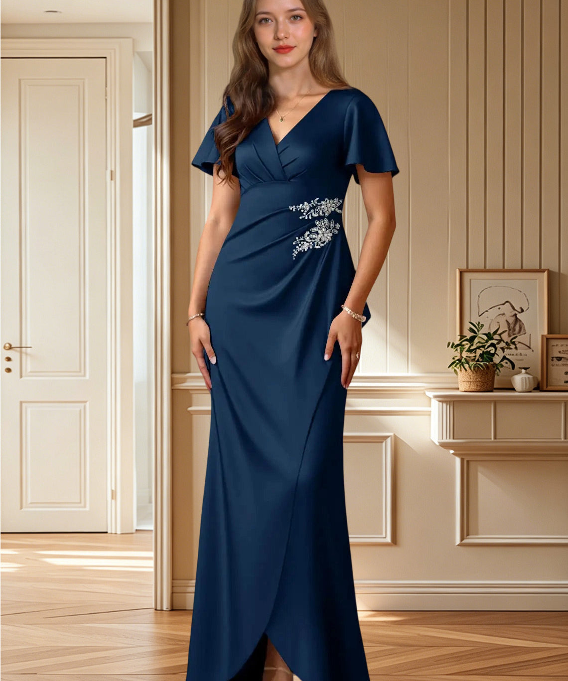 Augday Robins A-Line Pleated Stretch Satin Dress