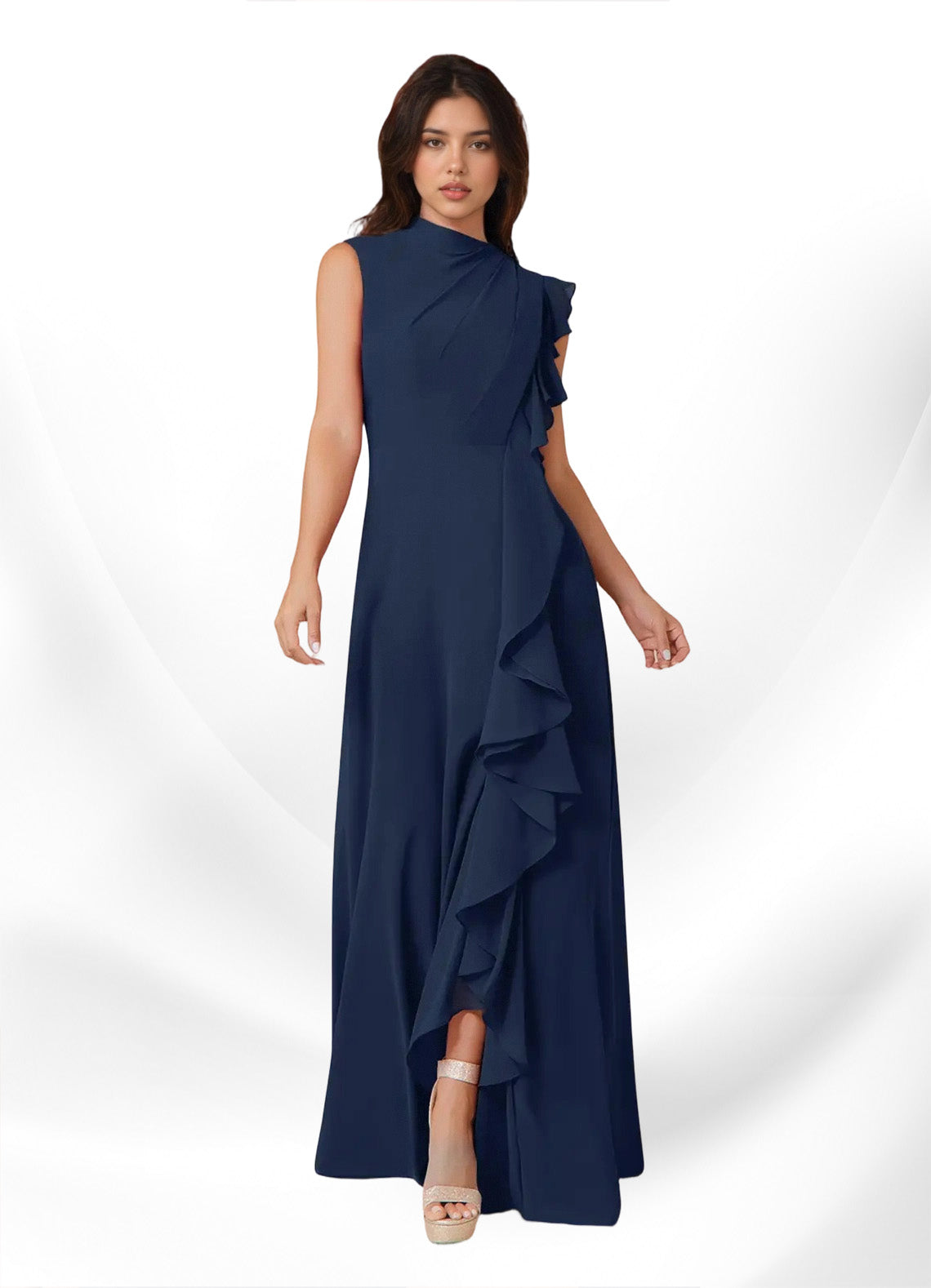 Augday Narine A-Line High Neckline Pleated Chiffon Dress