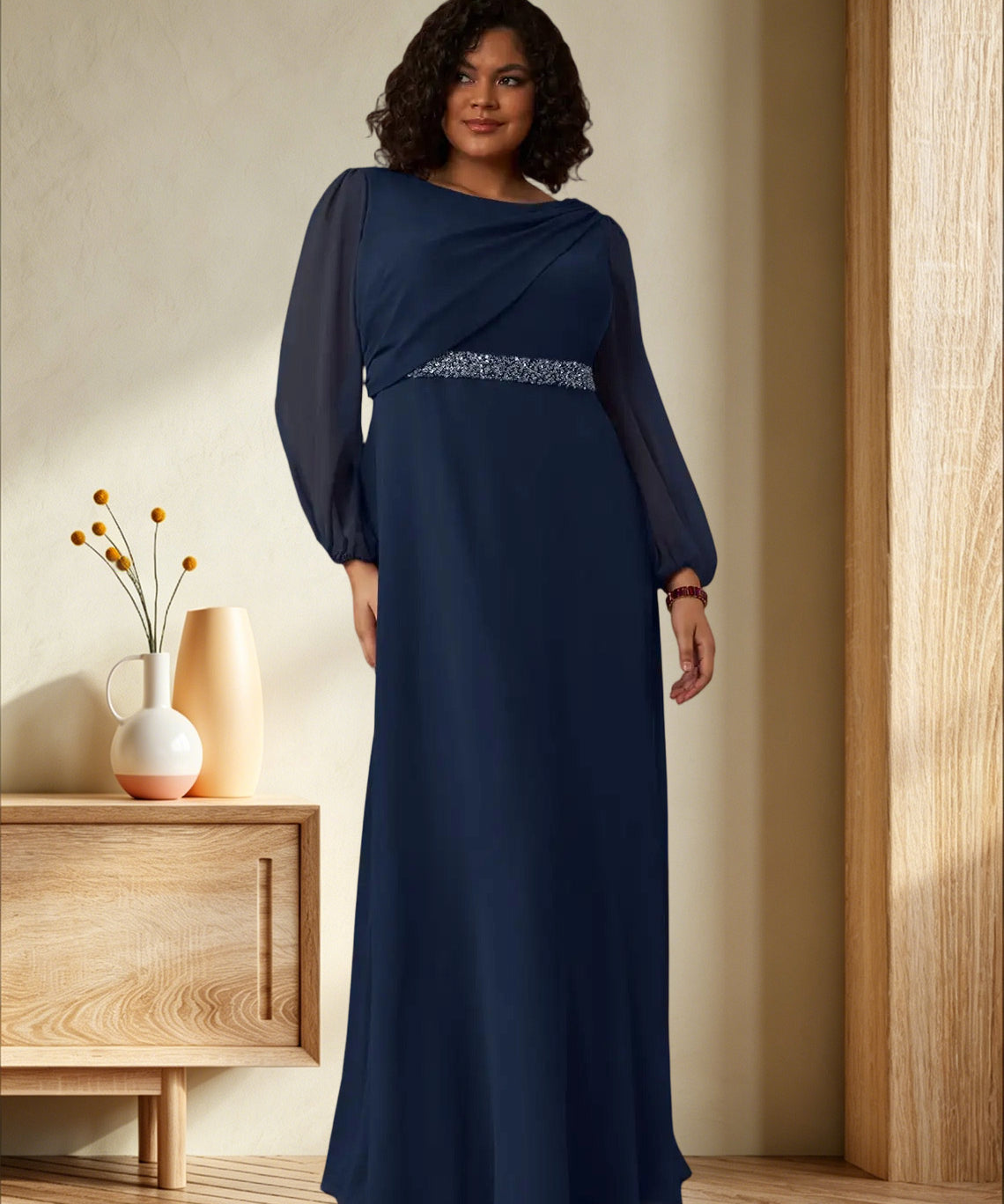 Augday Priyanka A-Line Boatneck Pleated Chiffon Dress