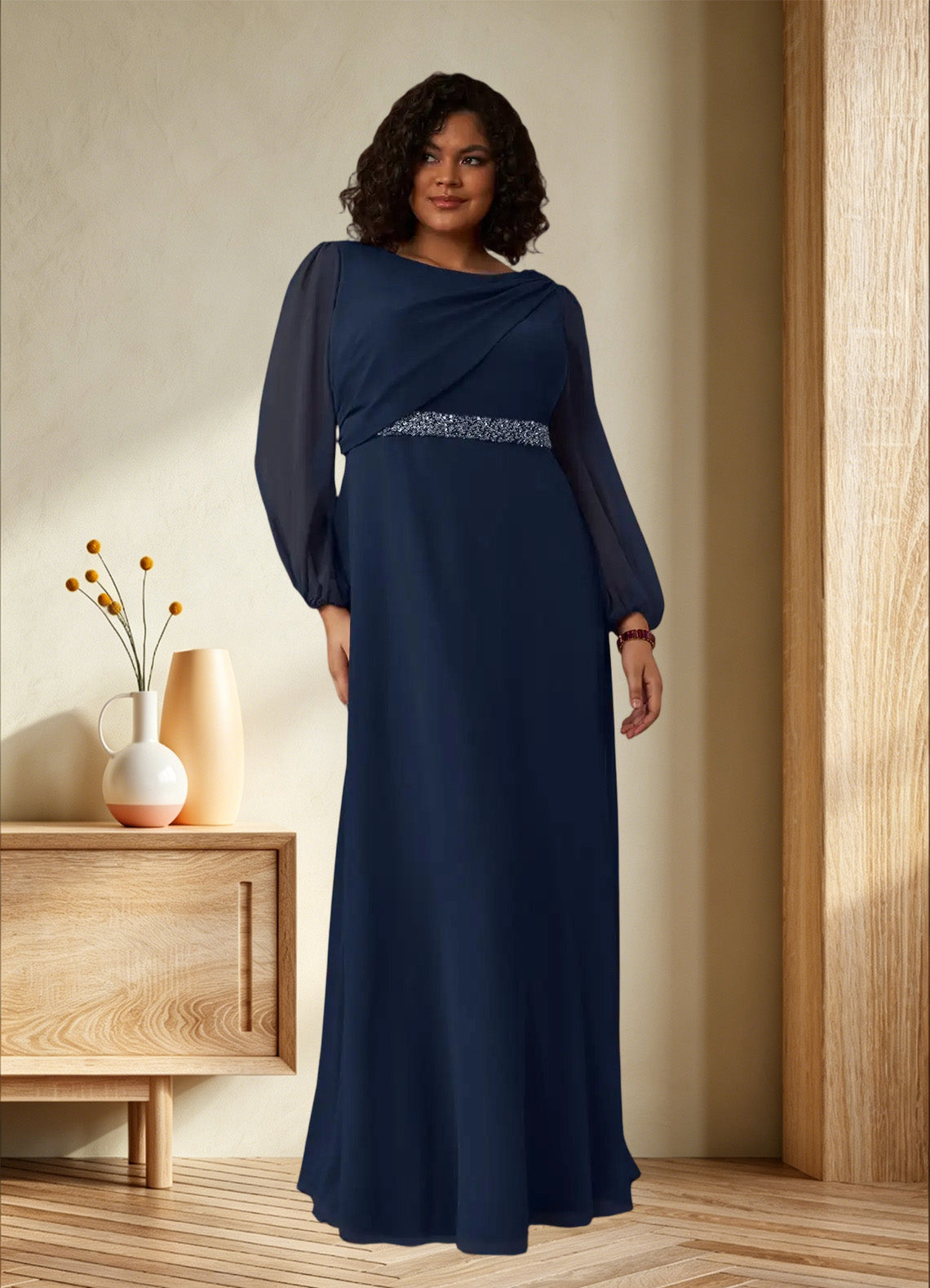 Augday Priyanka A-Line Boatneck Pleated Chiffon Dress