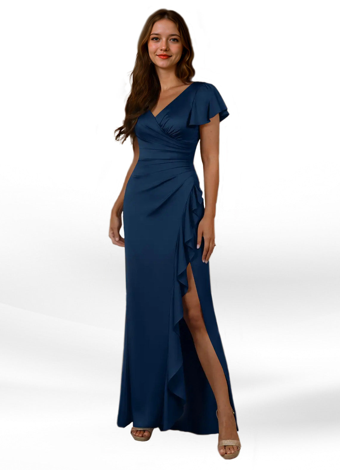 Augday Roya Mermaid V-Neck Pleated Stretch Satin Dress
