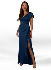 Augday Roya Mermaid V-Neck Pleated Stretch Satin Dress
