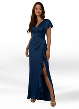 Augday Roya Mermaid V-Neck Pleated Stretch Satin Dress