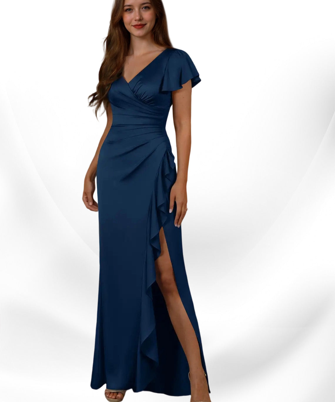 Augday Roya Mermaid V-Neck Pleated Stretch Satin