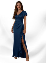 Augday Roya Mermaid V-Neck Pleated Stretch Satin
