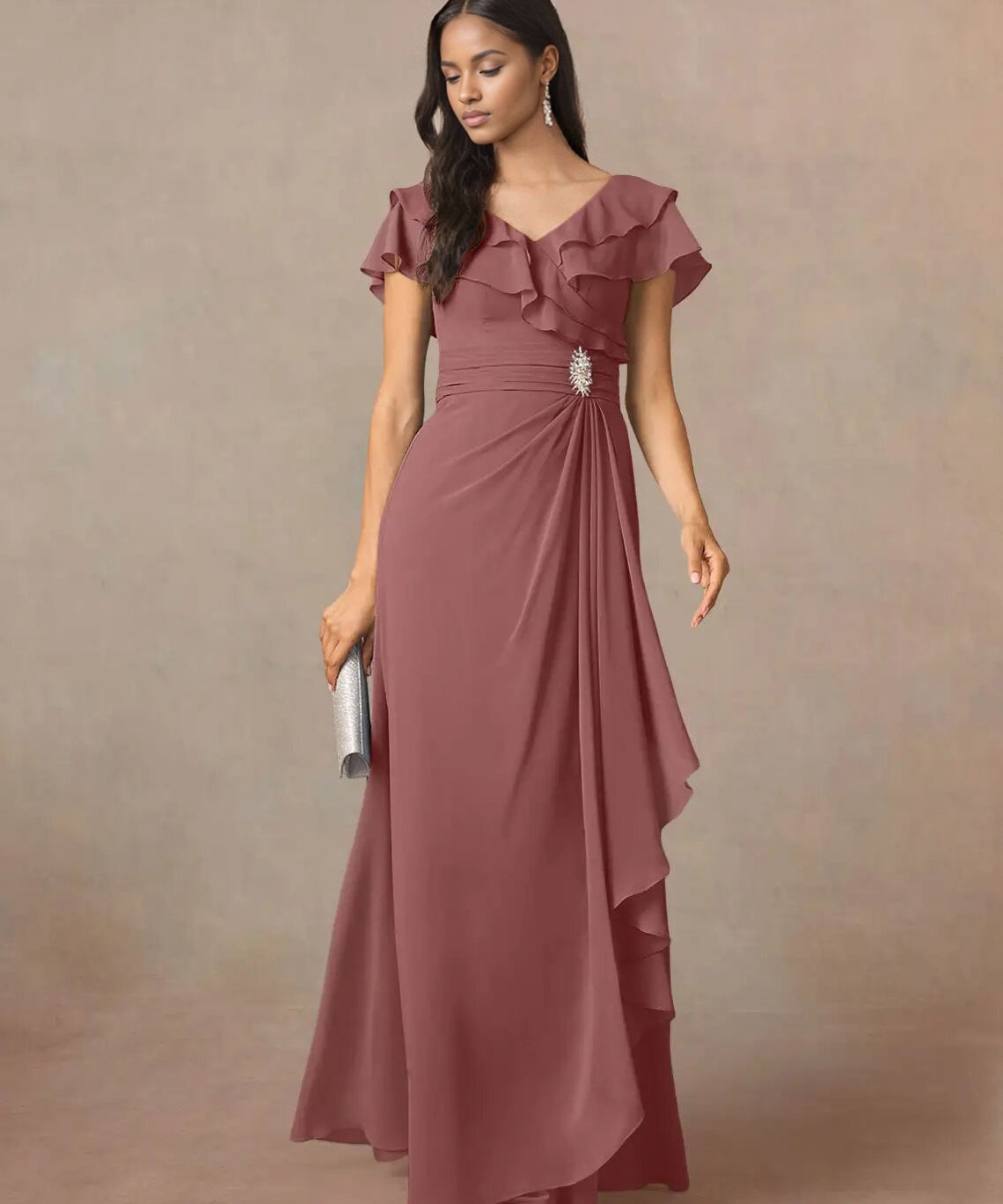 Augday A-Line V-Neck Ruched Chiffon Dress