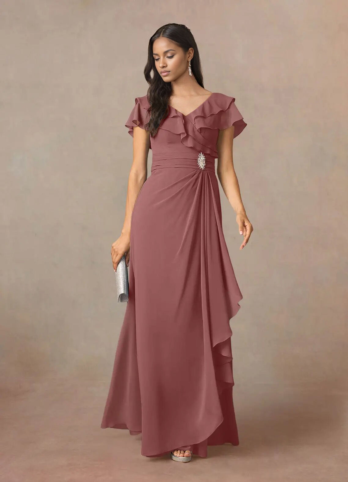 Augday A-Line V-Neck Ruched Chiffon Dress