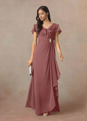Augday A-Line V-Neck Ruched Chiffon Dress