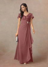 Augday A-Line V-Neck Ruched Chiffon Dress