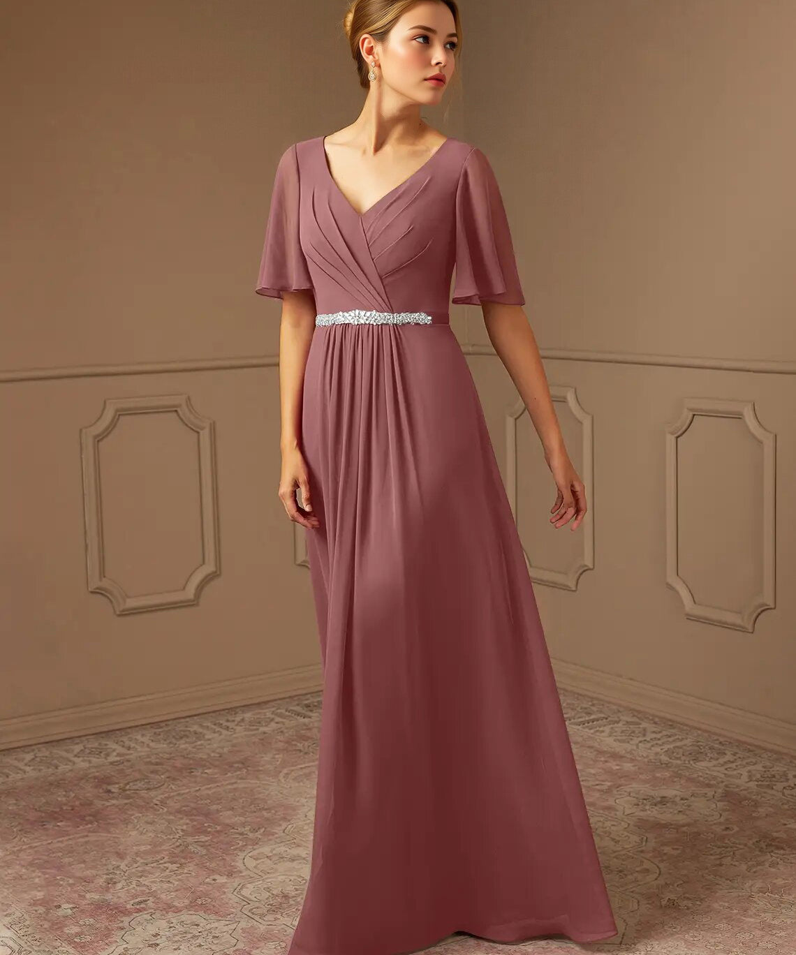 Augday A-Line V-Neck Pleated Chiffon Dress