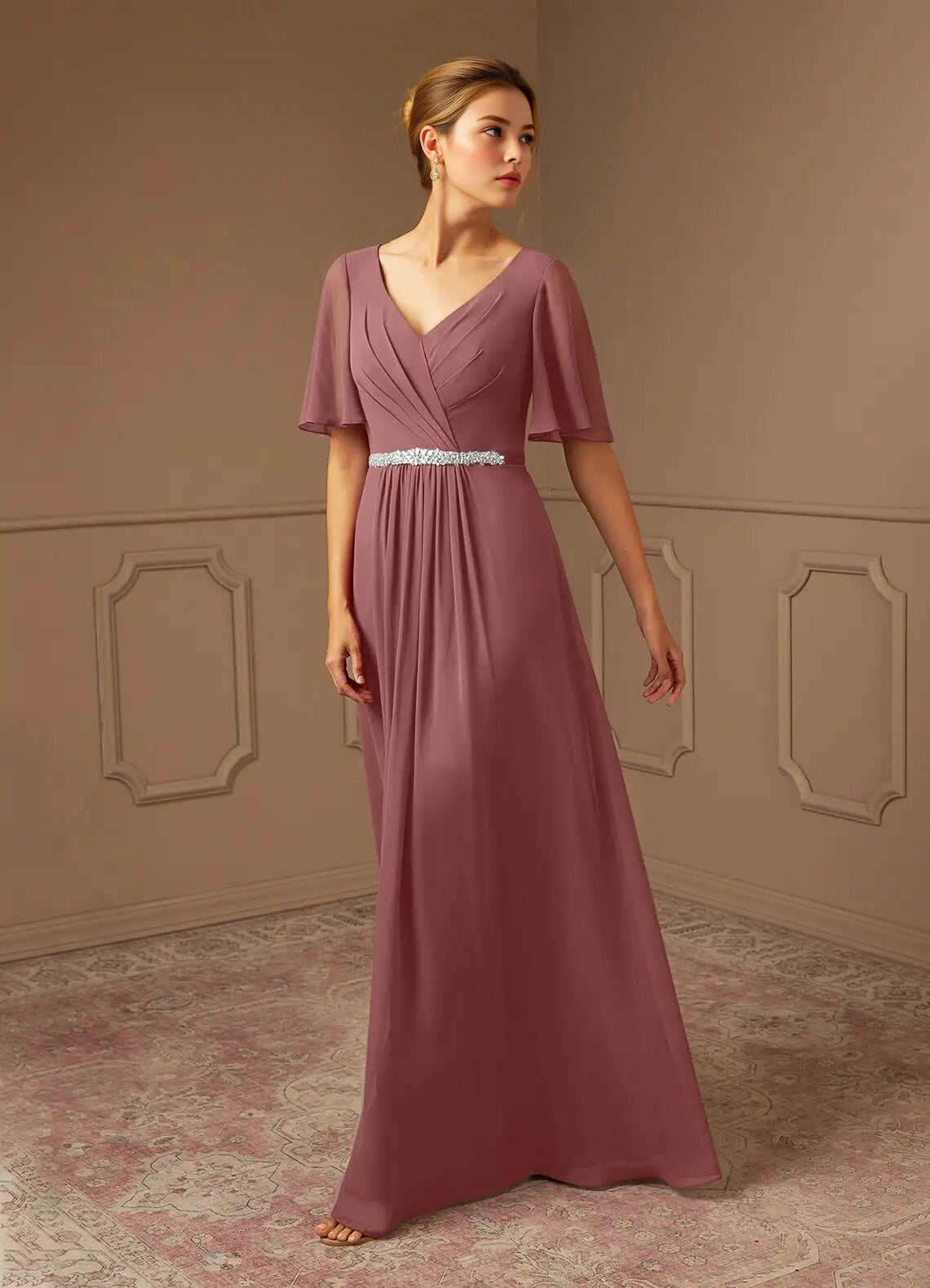 Augday A-Line V-Neck Pleated Chiffon Dress