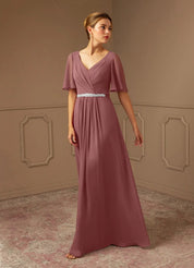 Augday A-Line V-Neck Pleated Chiffon Dress