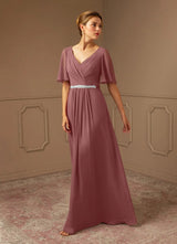 Augday A-Line V-Neck Pleated Chiffon Dress