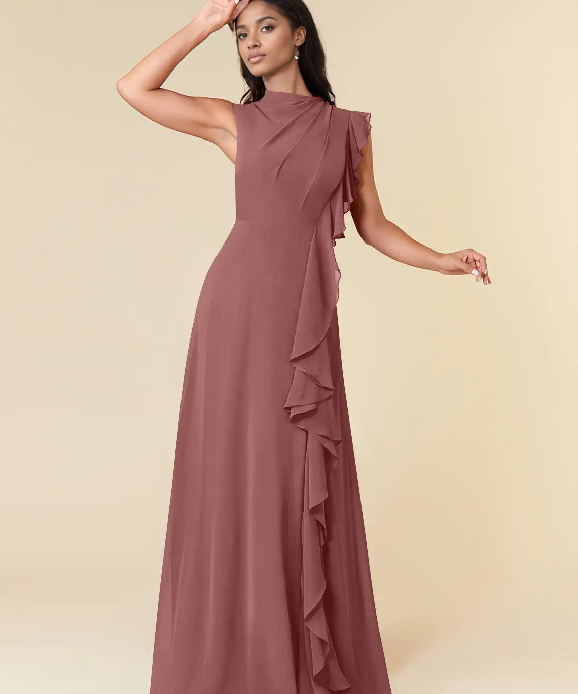 Augday A-Line High Neckline Pleated Chiffon Dress