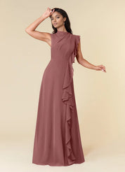 Augday A-Line High Neckline Pleated Chiffon Dress