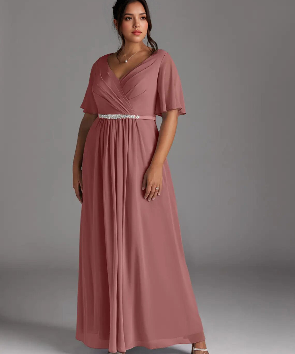 Augday A-Line V-Neck Pleated Chiffon Dress Plus Size