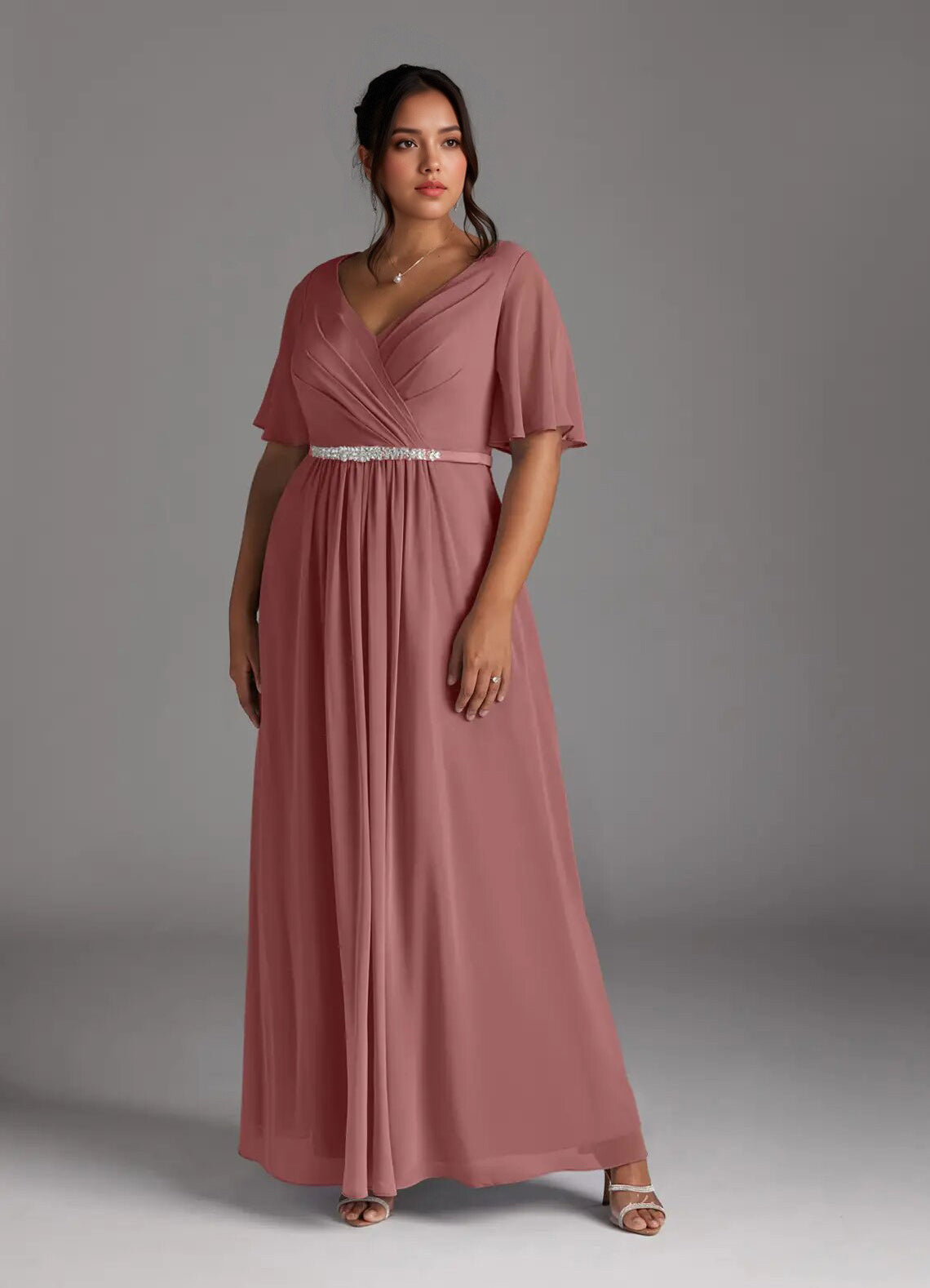 Augday A-Line V-Neck Pleated Chiffon Dress Plus Size
