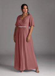 Augday A-Line V-Neck Pleated Chiffon Dress Plus Size