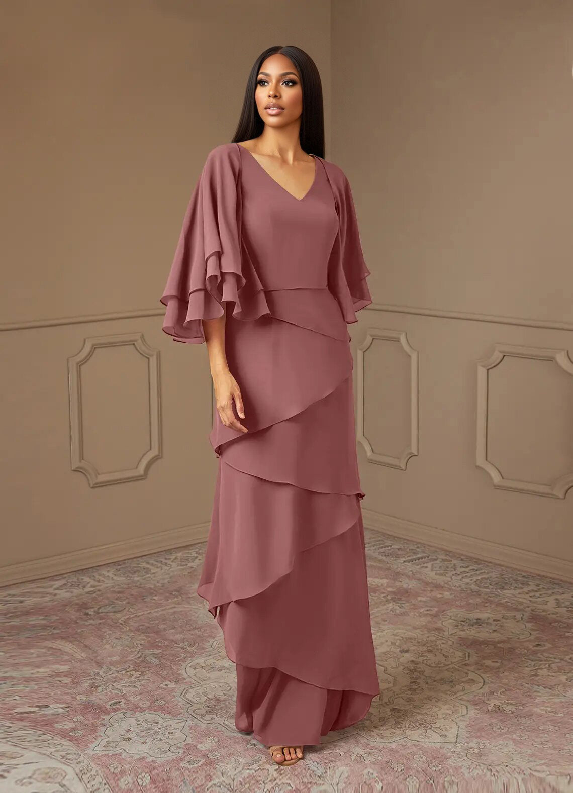 Augday OHara A-Line V-Neck Chiffon Dress