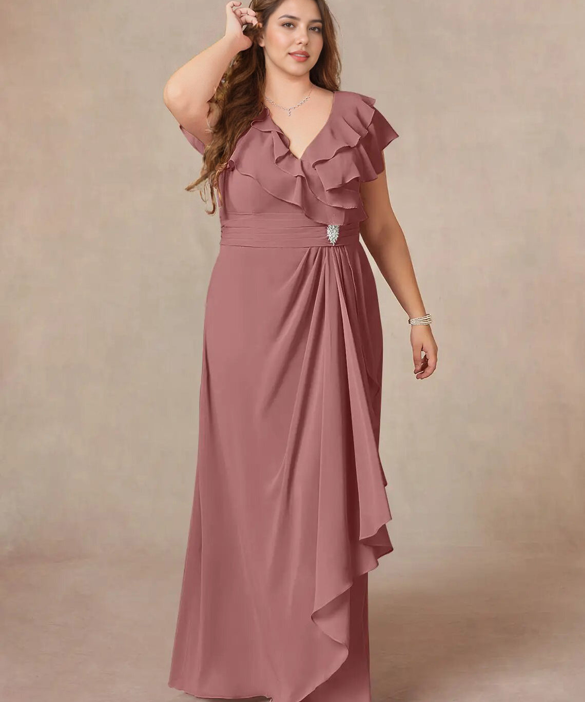 Augday A-Line V-Neck Ruched Chiffon Dress Plus Size