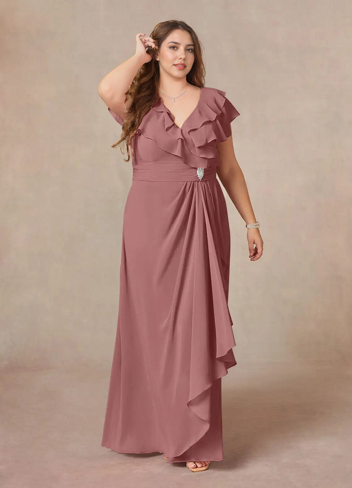 Augday A-Line V-Neck Ruched Chiffon Dress Plus Size