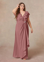 Augday A-Line V-Neck Ruched Chiffon Dress Plus Size