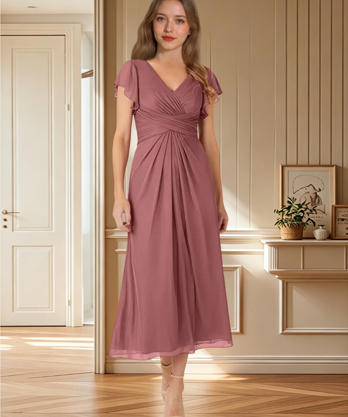 Augday Vera A-Line V-Neck Pleated Mesh Dress