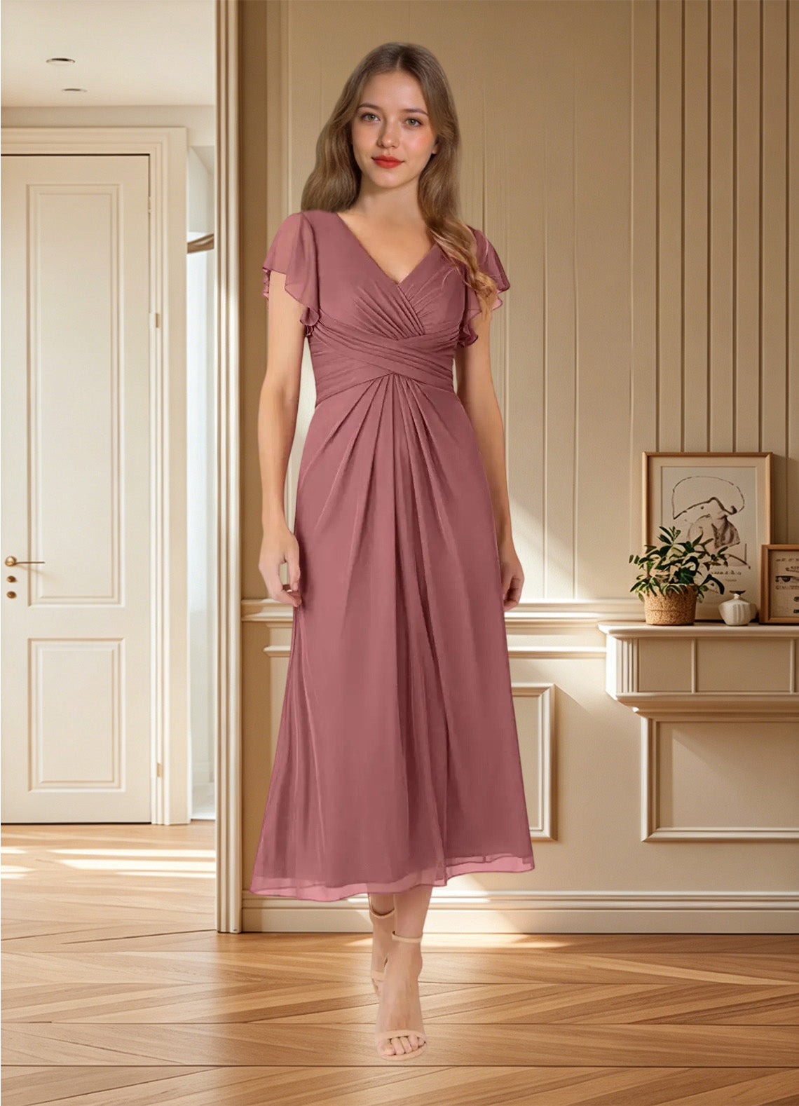 Augday Vera A-Line V-Neck Pleated Mesh Dress