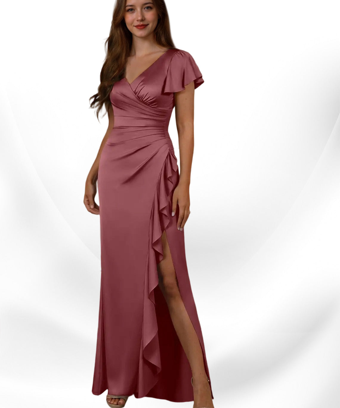 Augday Roya Mermaid V-Neck Pleated Stretch Satin