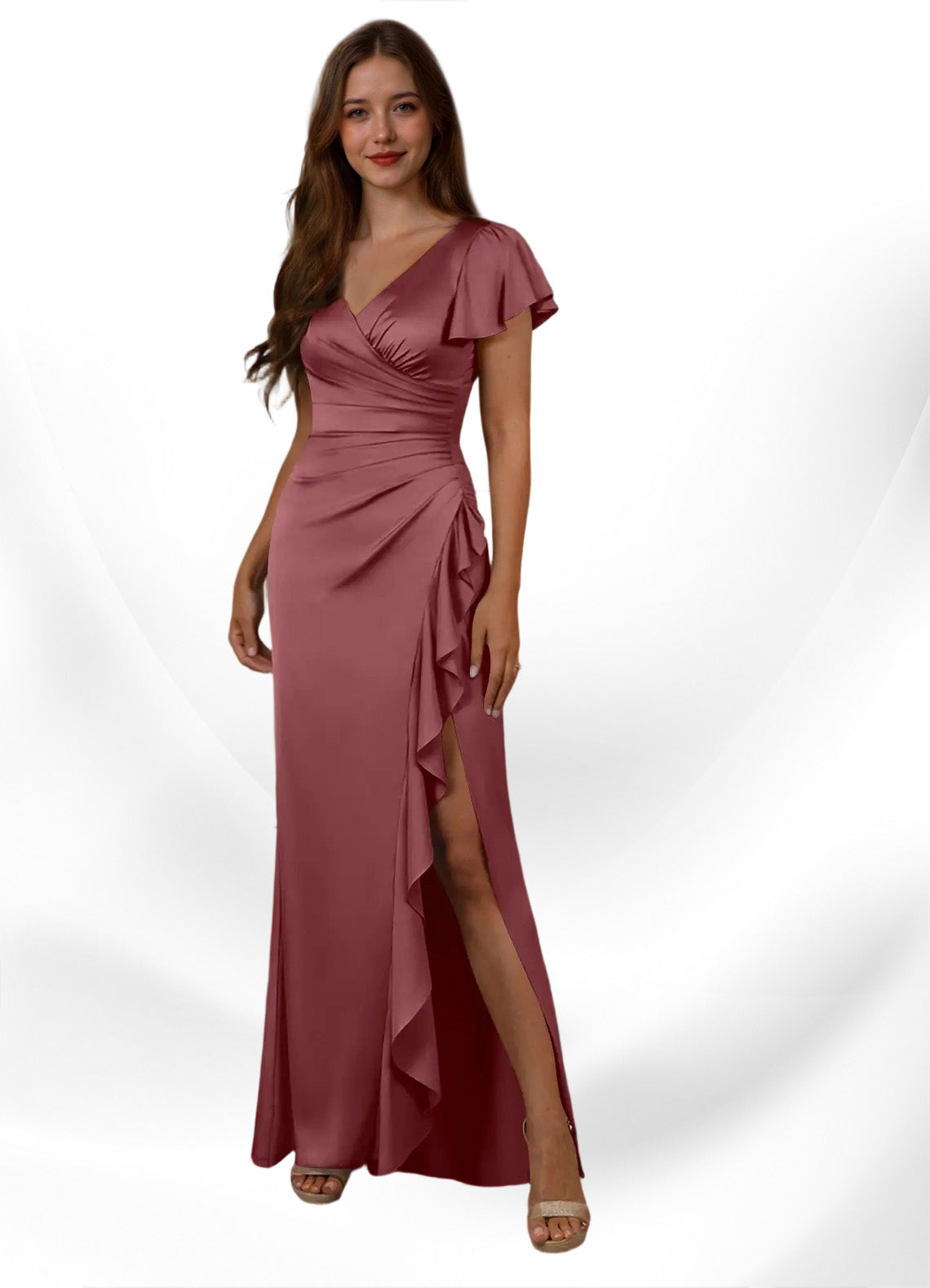 Augday Roya Mermaid V-Neck Pleated Stretch Satin