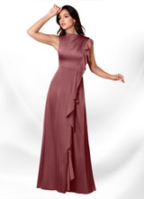 Augday Narine A-Line High Neckline Pleated Stretch Satin Dress