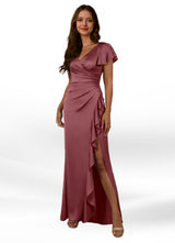 Augday Roya Mermaid V-Neck Pleated Stretch Satin Dress