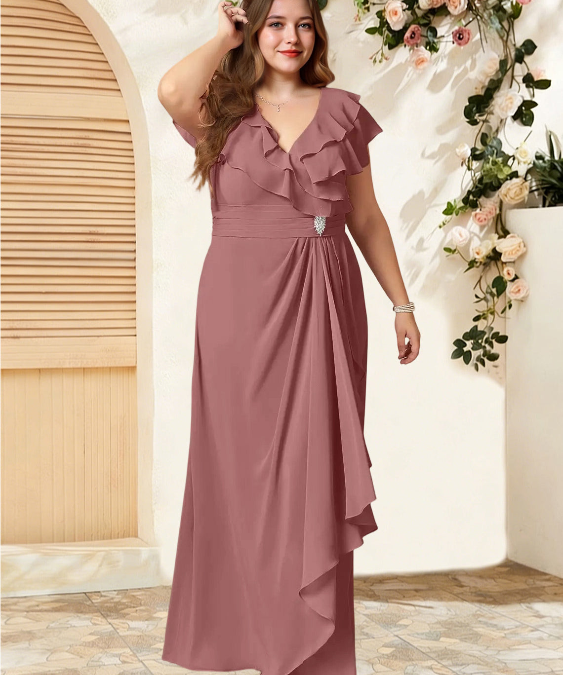 Augday Snapdragon A-Line V-Neck Ruched Chiffon Dress