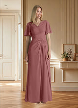 Augday Morning Glory A-Line V-Neck Ruched Chiffon Dress